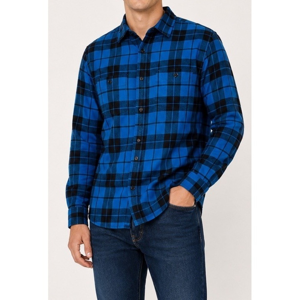 American Eagle Flannel Men's M Blue Black Classic Button Front Flannel Shirt